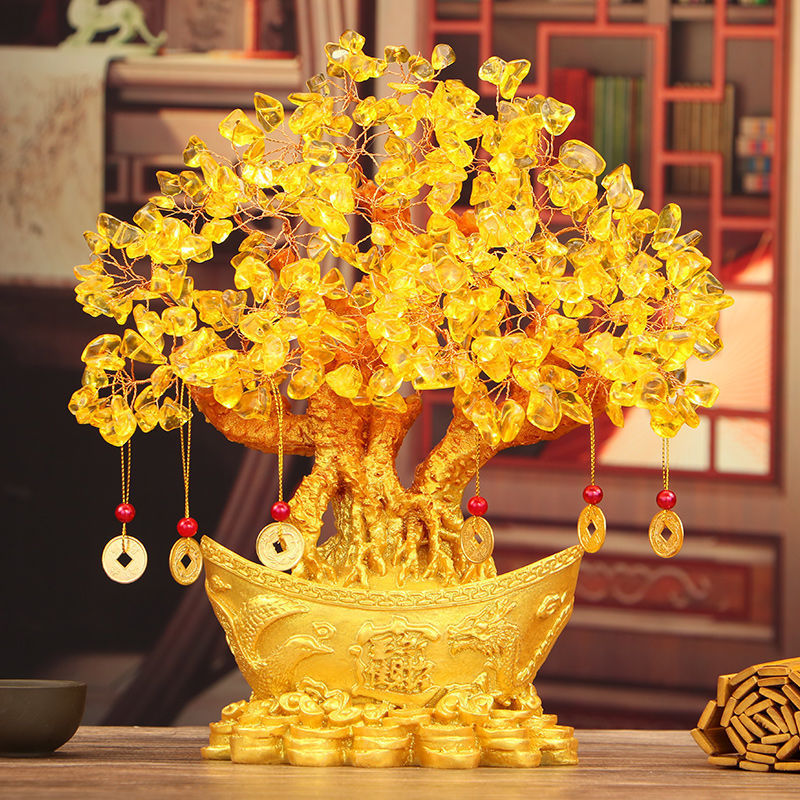 黄水晶发财摇钱树酒柜电视装饰品家居客厅招财风水聚财元宝摆件