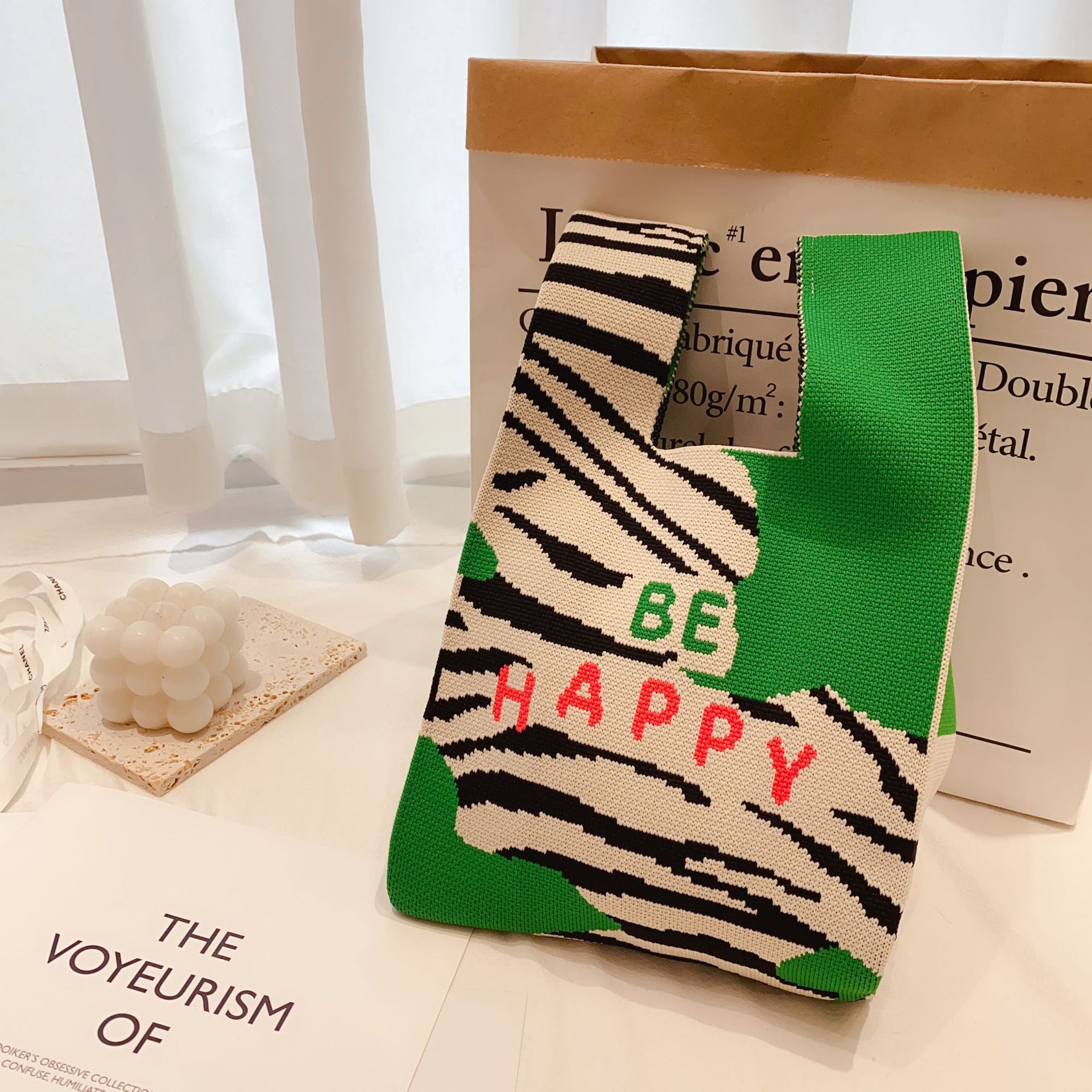 Fresh and Cute Knitted Bag Sweet All-Matching Shoulder Bag Love Zebra Pattern Vest Bag Large Capacity Handbag Lunch Box