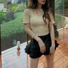 韩系气质方领针织短袖T恤女夏季新款复古钩花编织弹力修身打底衫