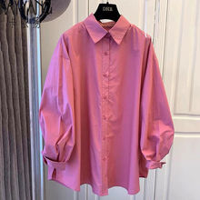 桃粉色衬衫女春秋薄款韩版时尚宽松大码叠穿粉色小个子衬衣外套潮