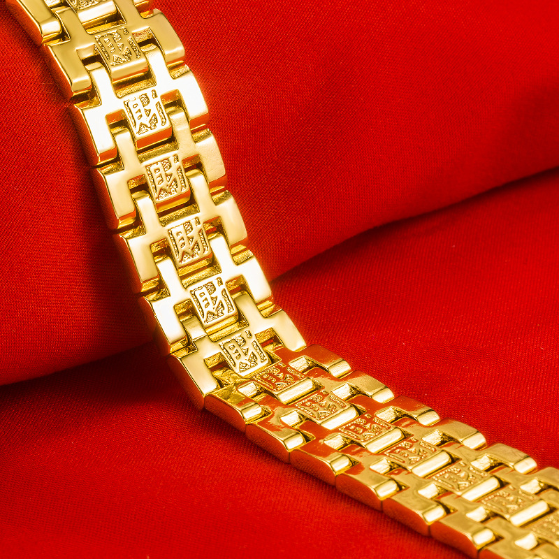 沙金男士宽版超霸气手表链镀黄金财字手链 越南沙金发财手链饰品