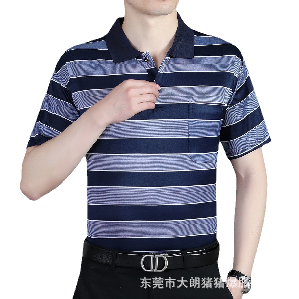 Men's Short Sleeved T-shirt Middle-Aged and Elderly Men's Striped Lapel Short Sleeved T-shirt Shirt 1688 Dad Summer Polo Shirt Men's T