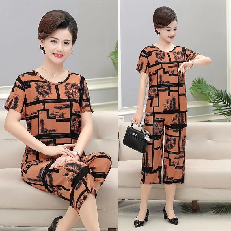Summer Middle-Aged Mom Suit Ice Silk Pajamas Women's Home Wear Short Sleeve Two-Piece Set plus-Sized plus-Sized Loose Casual