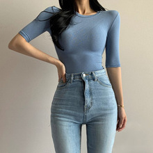 韩版圆领紧身显身五分袖短袖t恤女微透中袖性感显胸显身材上衣女