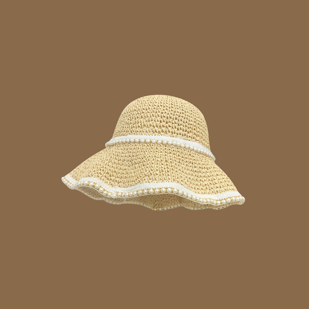 Chengwen Sweet Pearl Hand-Woven Straw Hat Female Summer Outdoor Vacation Sunshade Sun Protection Hat All-Matching Sun Hat Tide