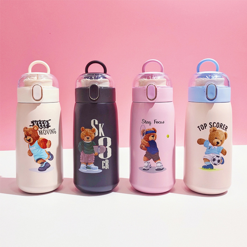 Factory Direct Sales Cross-Border 316 Stainless Steel Vacuum Cup Direct Drink Handle Cover Cartoon Uv Print Teddy Bear Big Belly Cup