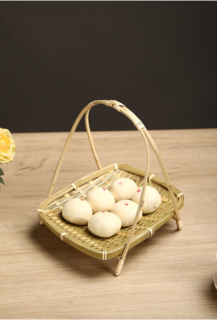 竹制品手工编织果盘多层茶点盘展示架竹编提篮酒店糕点篮零食竹盘