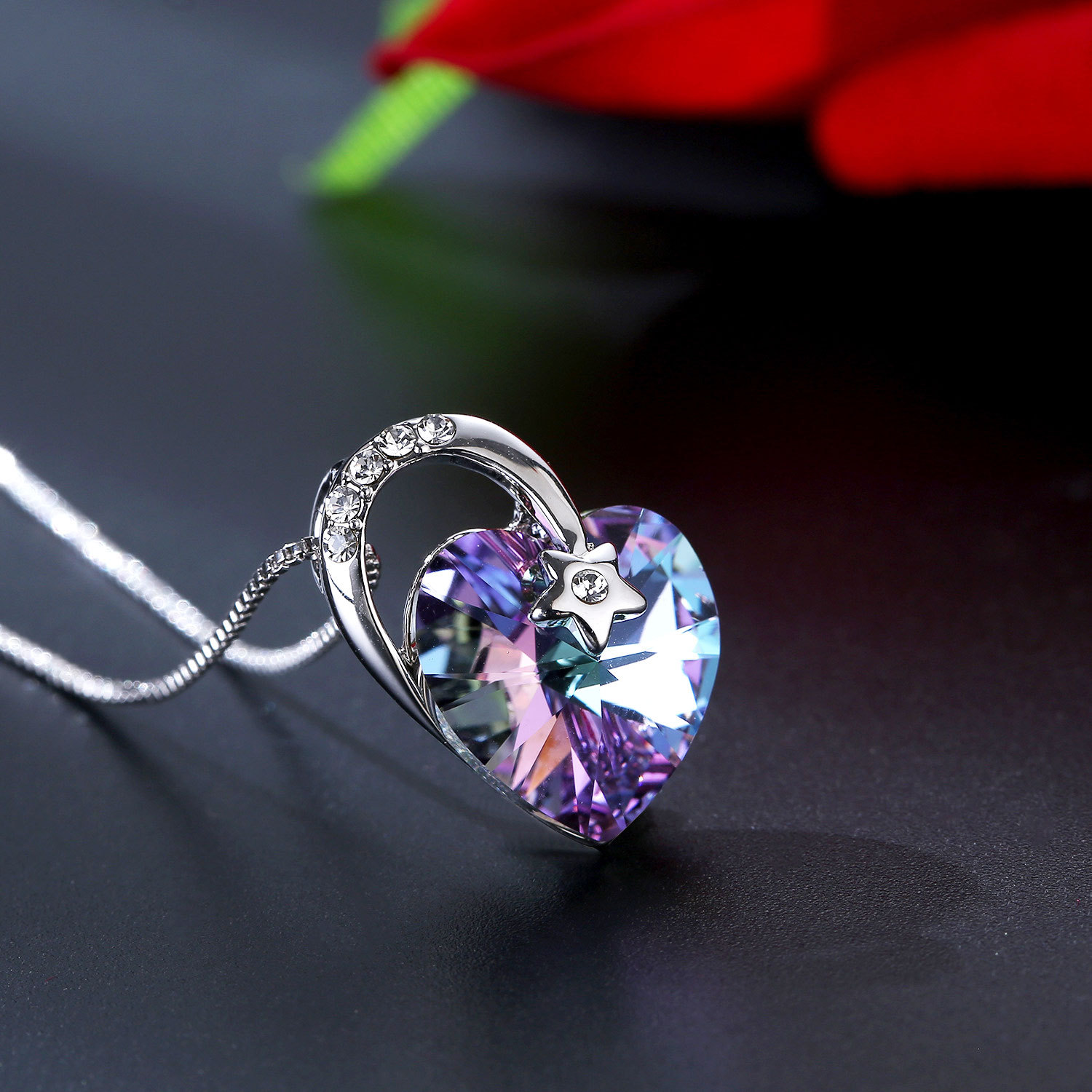 亚马逊货源海洋之心爱心紫水晶吊坠项链女锁骨链情人节礼物小众