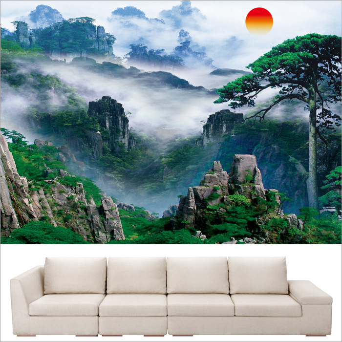 de7t泰山日出国画无水靠山图贴画五岳独尊风水招财风景画办公室装