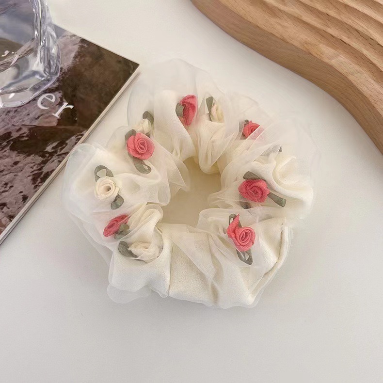 Korean Style Spring Fabric Headband French Romantic Rose Flower Double-Layer Hair Rope Mesh Large Intestine Ring Hair Accessories Hair Ring Women