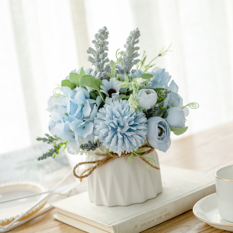 北欧花套装陶瓷麻绳花瓶玫瑰花 植物盆栽家居装饰假花盆