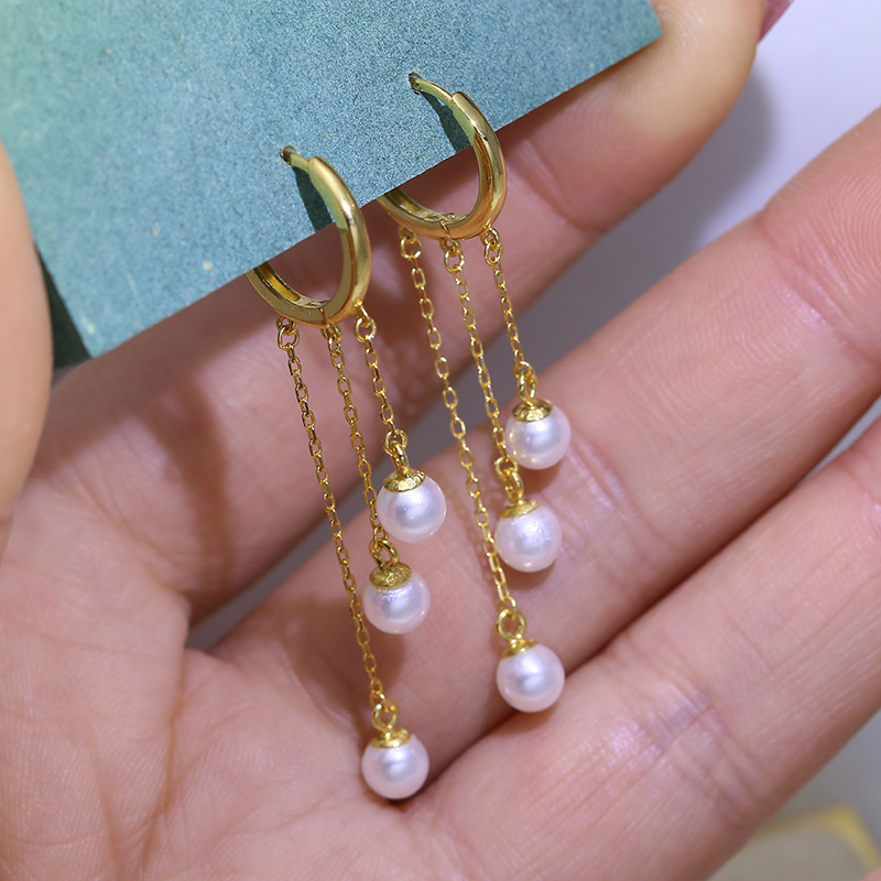 diy配件 s925纯银时尚经典珍珠耳扣耳环空托三珠扣圈耳线耳坠银托