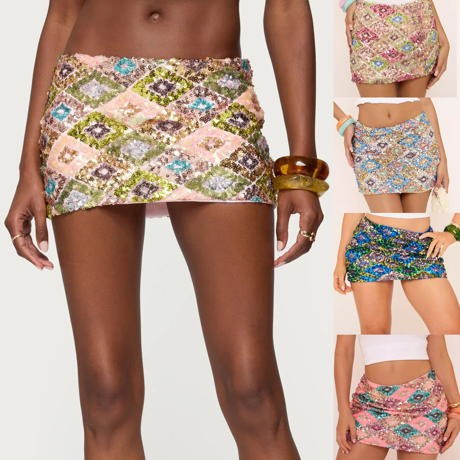 2025欧美爆款夏季女装时尚几何拼接亮片珠片短裙包臀裙裤裙带短裤