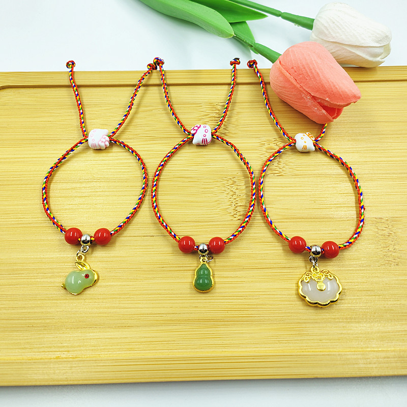 Ethnic Style Jingang Rope Colorful Wire Jade Pendant Bracelet Dragon Boat Festival Men and Women Couple Colorful Braided Rope Safety Lock Jade Hare Carrying Strap