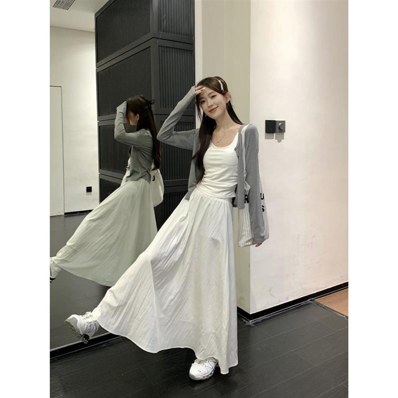 韩系薄款长袖开衫打底吊带背心白色长裙女秋季2023新款时尚三件套