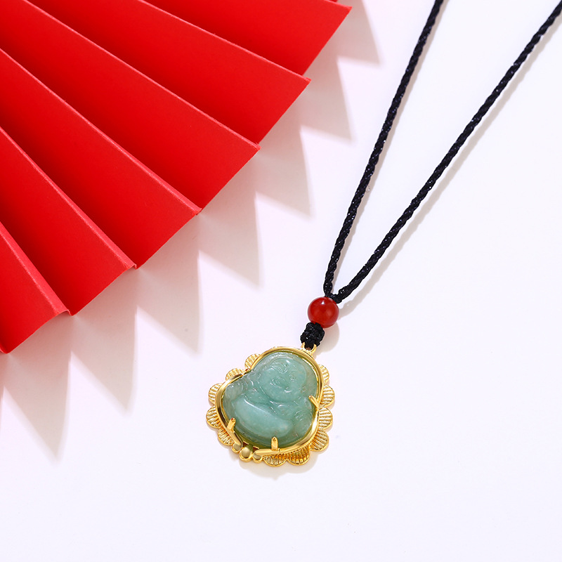 xuping jewelry natural dongling jade buddha pendant necklace wholesale female black rope alloy plated 24k gold vintage necklace