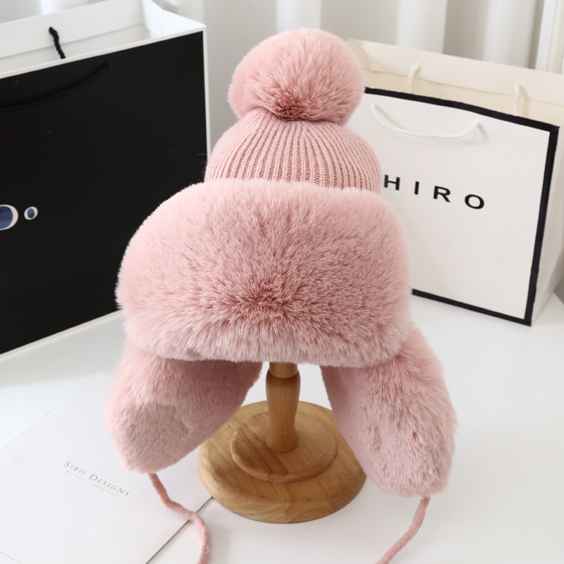 Winter Thickened Cold Protection Plush Ushanka Women's Fur Ball Knitted Wool Earmuffs Hat Warm Winter Hat Ski Hat