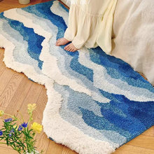 跨境植绒卧室地毯异形客厅ins风淡蓝色海浪防滑耐脏床边地毯地垫
