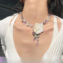 《紫桔梗》贝壳花形项链流苏水晶原创设计时髦个性