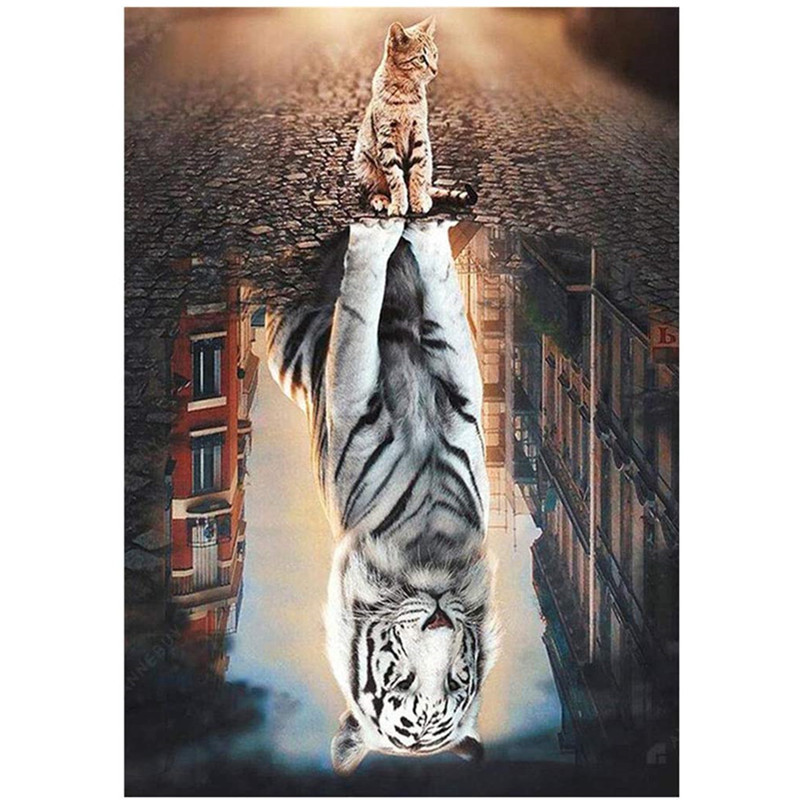 5d钻石画动物老虎猫diy满钻圆钻老虎倒影钻石绣家居装饰画30*40