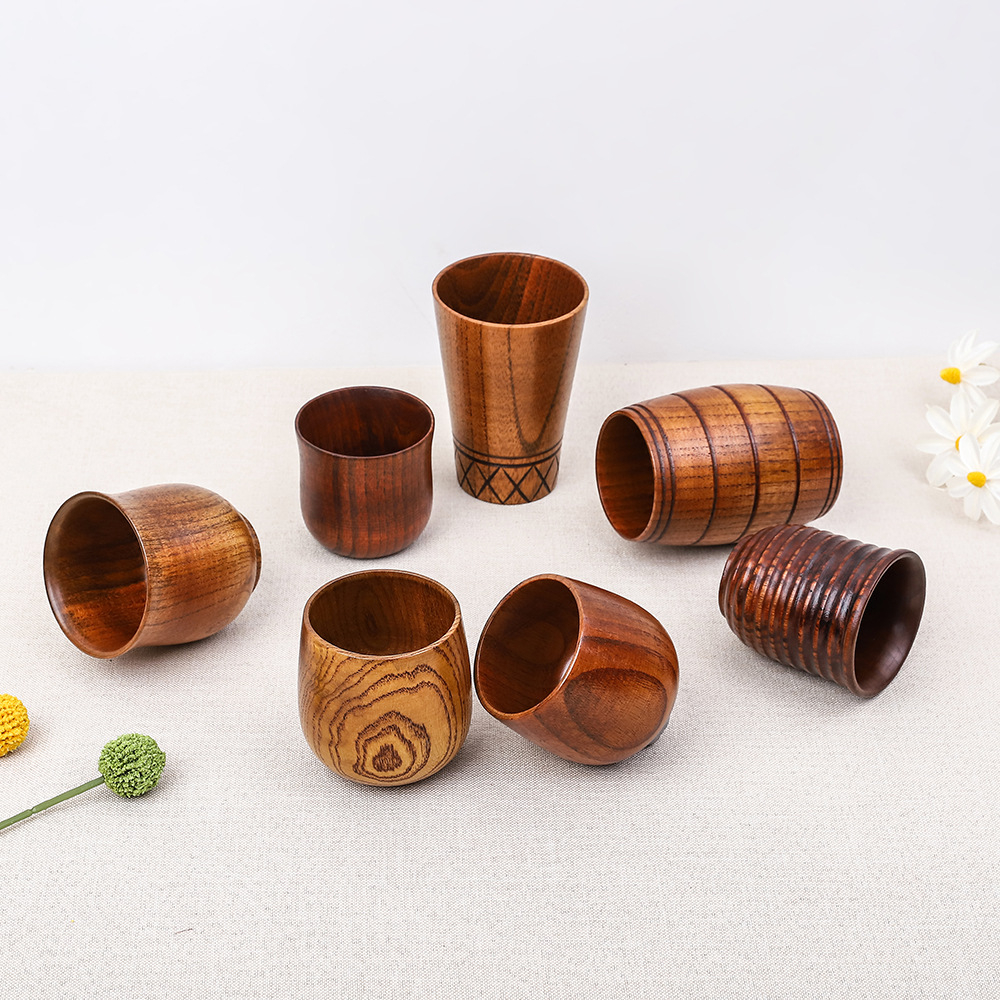酸枣木大肚杯刻花斜口茶杯日式茶室茶水杯家用啤酒杯木杯老漆工艺