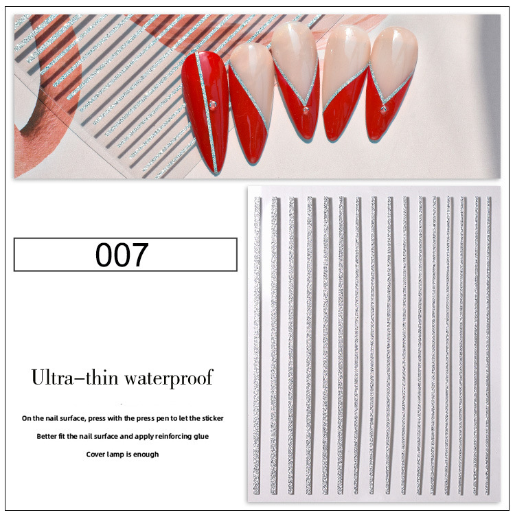 Nail Stickers Paper Net Red Affordable Luxury Style Diamond in the Debris Silver Line Series Silver French Line Pattern Nail Sticker