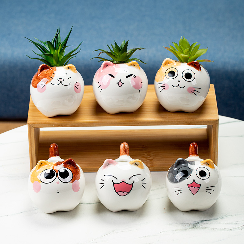 Cute Cat Succulent Flower Pot Peach Egg Simple Green Plant Decoration with Tray Household Minimalist Cartoon Desktop Ceramic Ornaments