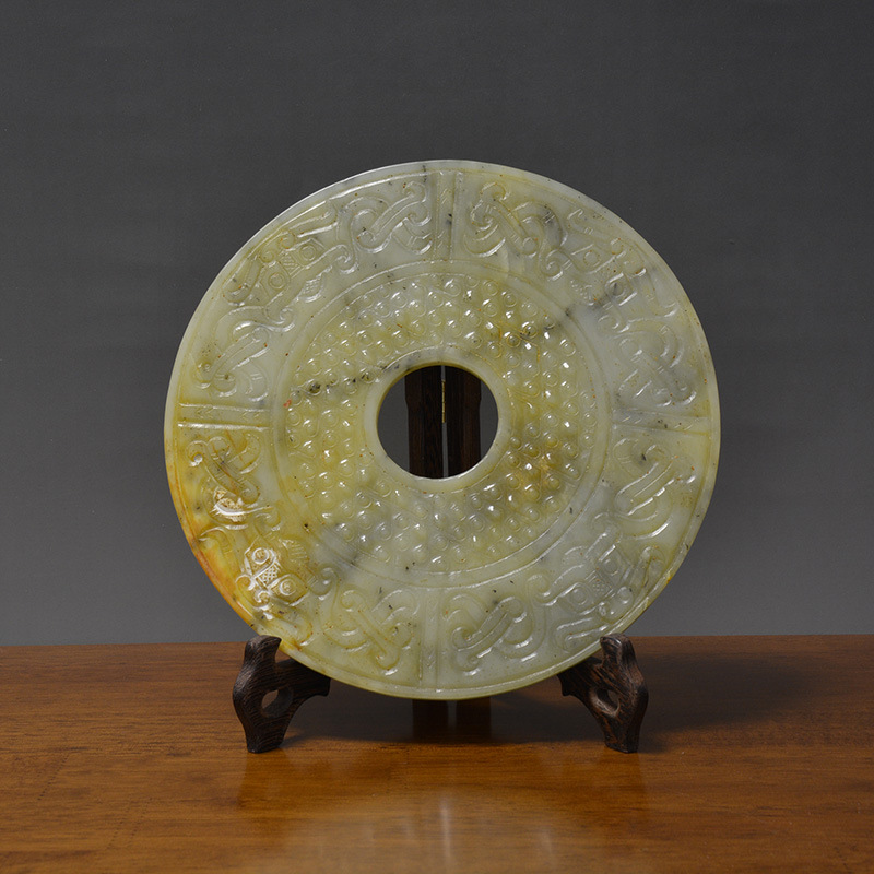 玉石玉雕仿战国古玉壁饕鬄圆纽纹手雕刻圆形玉壁21cm大号摆件收藏