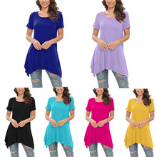 跨境外贸亚马逊eBay大码女装 夏中长款短袖T恤宽松圆领纯色打底衫