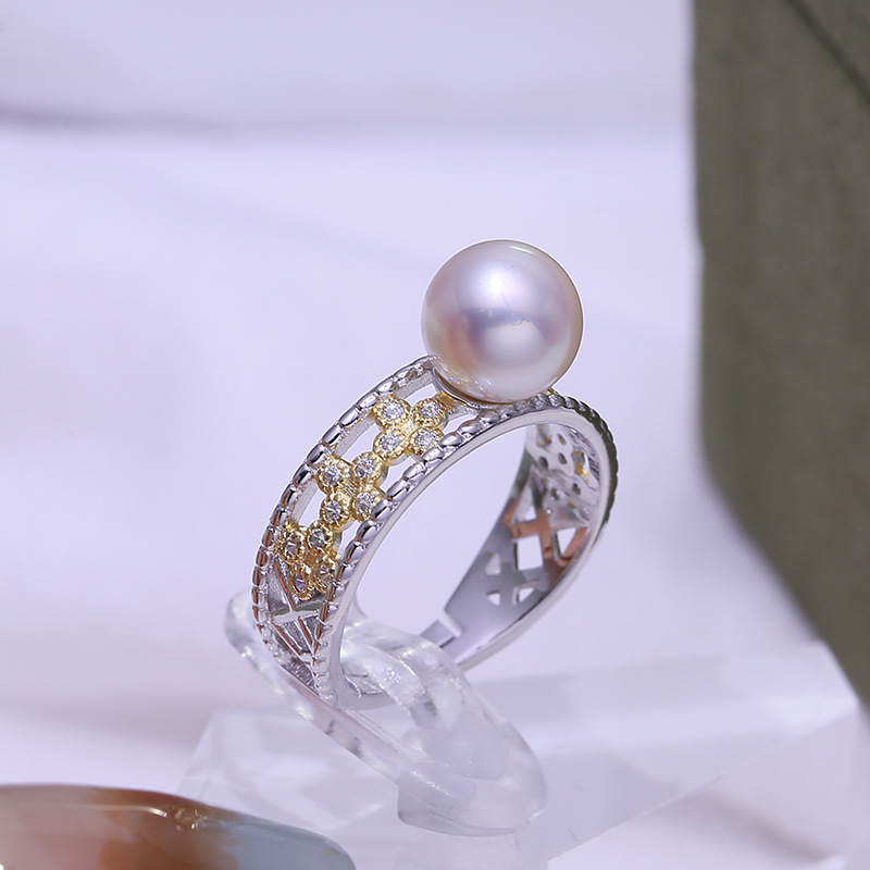 diy饰品配件 s925纯银珍珠戒指空托 双色时尚指环戒托配饰半成品