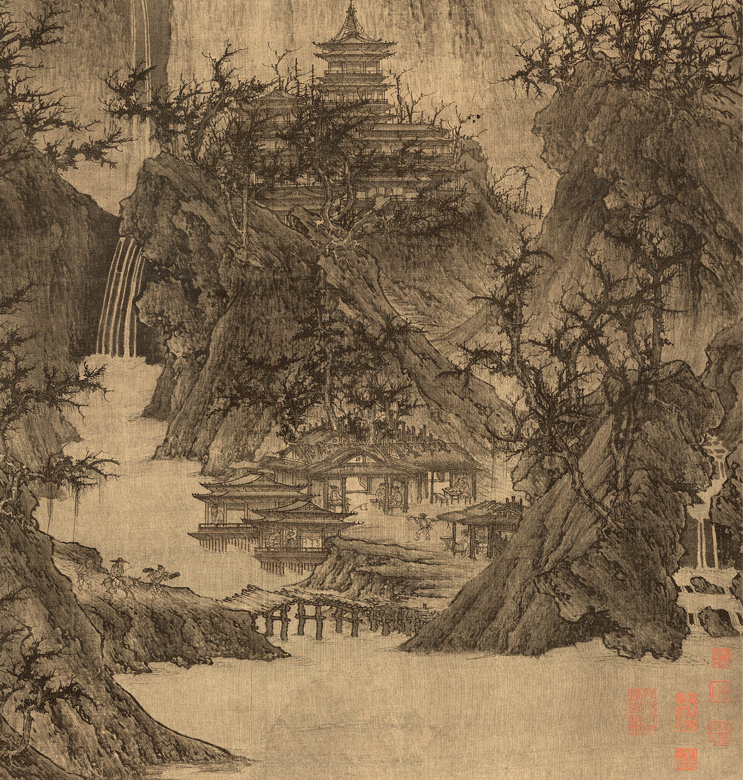 北宋李成《晴峦萧寺图》山水国画艺术微喷装饰画56x111.4复制临摹