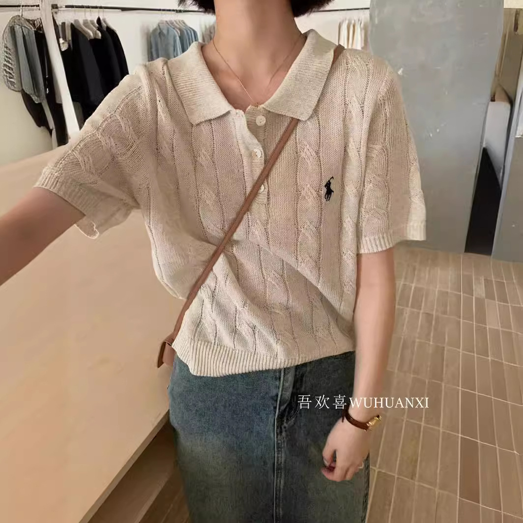 春夏新款韩版小马刺绣polo领短袖t恤女韩系休闲亚麻麻花针织衫