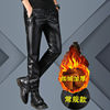 man winter Plush thickening Windbreak Leather pants Fur integrated man Leather pants Korean Edition Slim Fit Riding keep warm