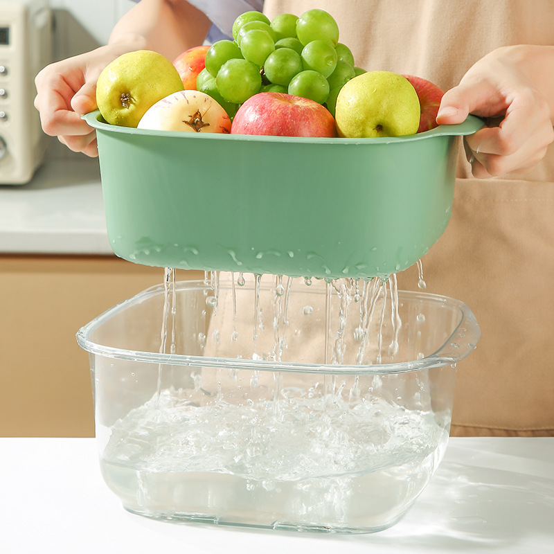 Pet Double-Layer Drain Basket Creative Contrast Color Plastic Vegetable Basket Fruit Basin Household Kitchen Storage Fruit and Vegetable Draining Basin