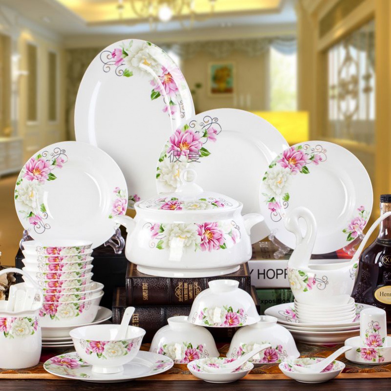 碗碟套装 家用欧式景德镇56头骨瓷餐具套装 陶瓷碗盘子碗套装组