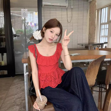 实拍  性感设计感飞袖镂空短款内搭外穿红色小衫上衣韩版女装新款