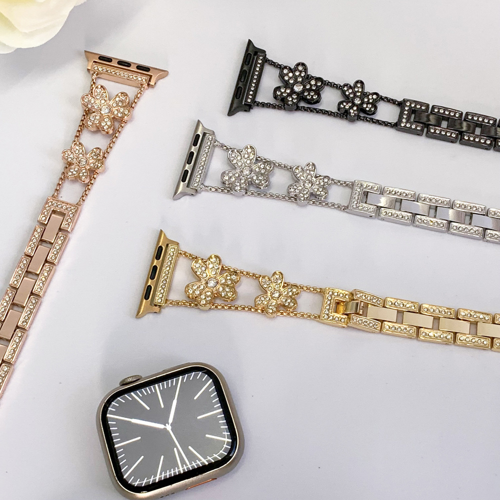 适用applewatch苹果手表珠宝镶钻花表带iwatch时尚三叶草手链表带