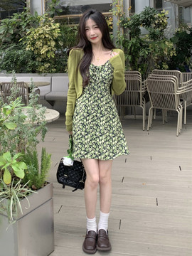 2023春秋新款碎花吊带连衣短裙 开衫大码小清新外套两件套装-阿里巴巴