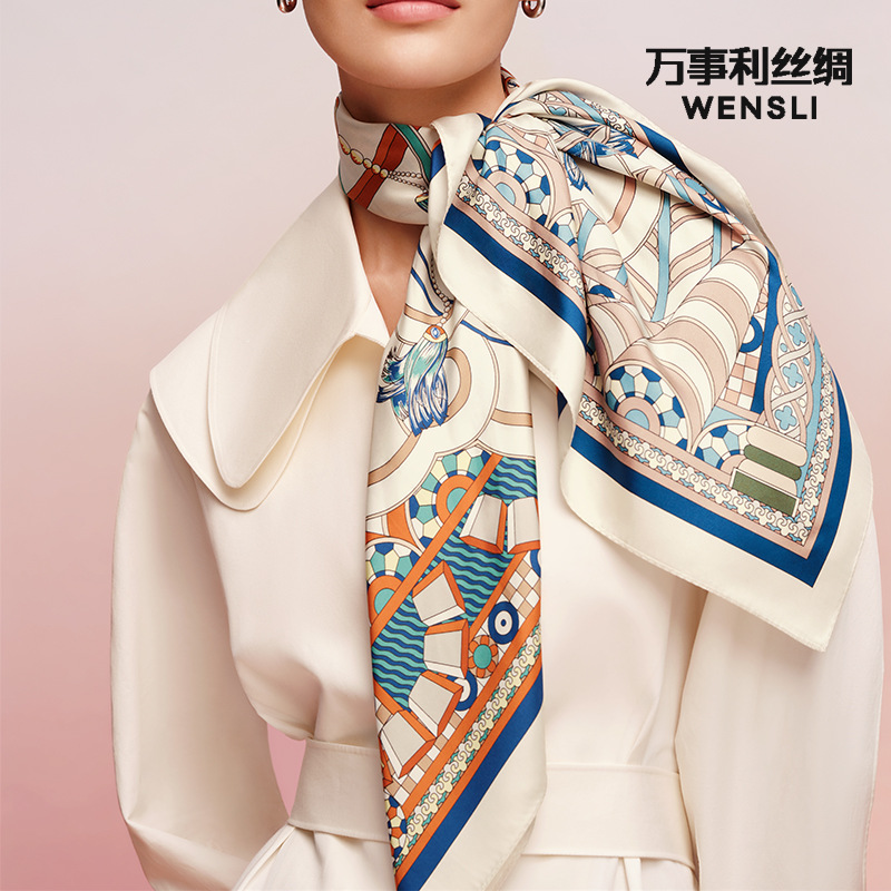 万事利wensli国风真丝送妈妈送女友双面印花大方巾-南国晚风批发