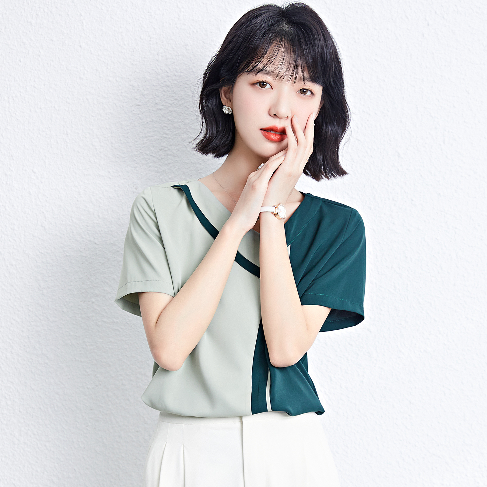 短袖雪纺衫女2022夏装新款撞色v领甜美t恤小衫休闲气质显瘦上衣女