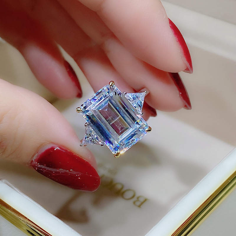 镀双色长方钻戒指高碳钻戒指冰糖长方形10克大钻拉粉钻黄钻仿真钻