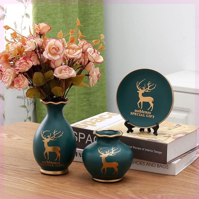 现代创意家居装饰品客厅电视酒柜陶瓷摆件花瓶插花三件套花屏瓶跨-阿