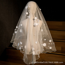 新娘造型拍照头纱韩国纱高清硬网花瓣珍珠单层遮面纱旅拍婚纱头饰