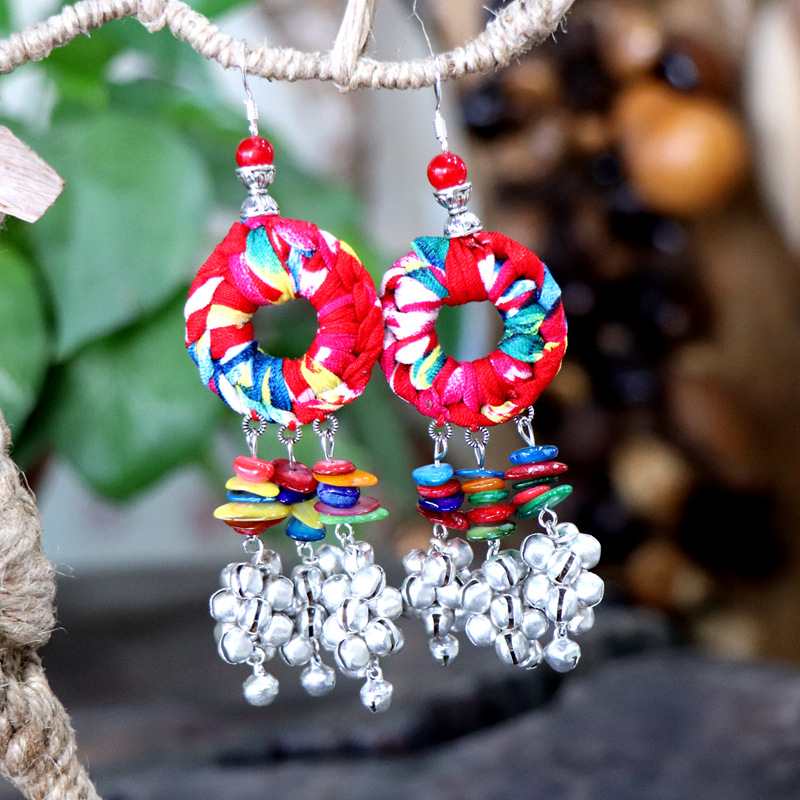 云南民族风圈圈布艺铃铛手工耳饰棉麻配饰手工耳环布艺饰品批发