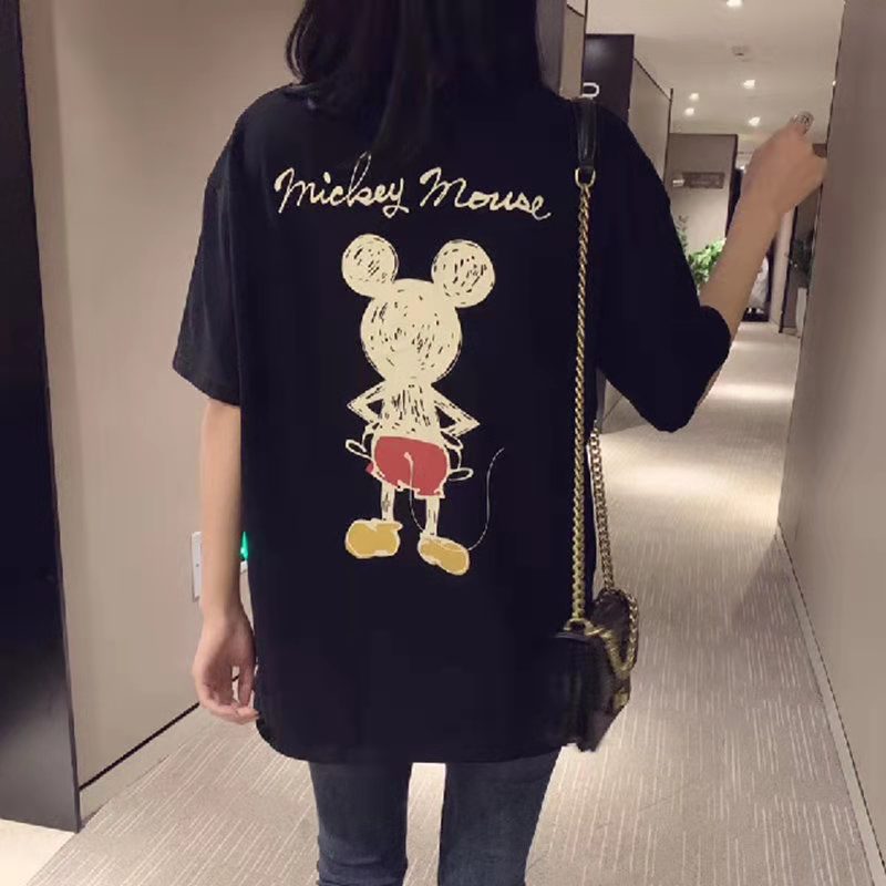 Cartoon Men's round Neck Short Sleeve Women's T-shirt Summer Solid Color Loose-Fitting Large Size Cotton T-shirt Black and White Sweat-Absorbent Breathable Wholesale Fashion