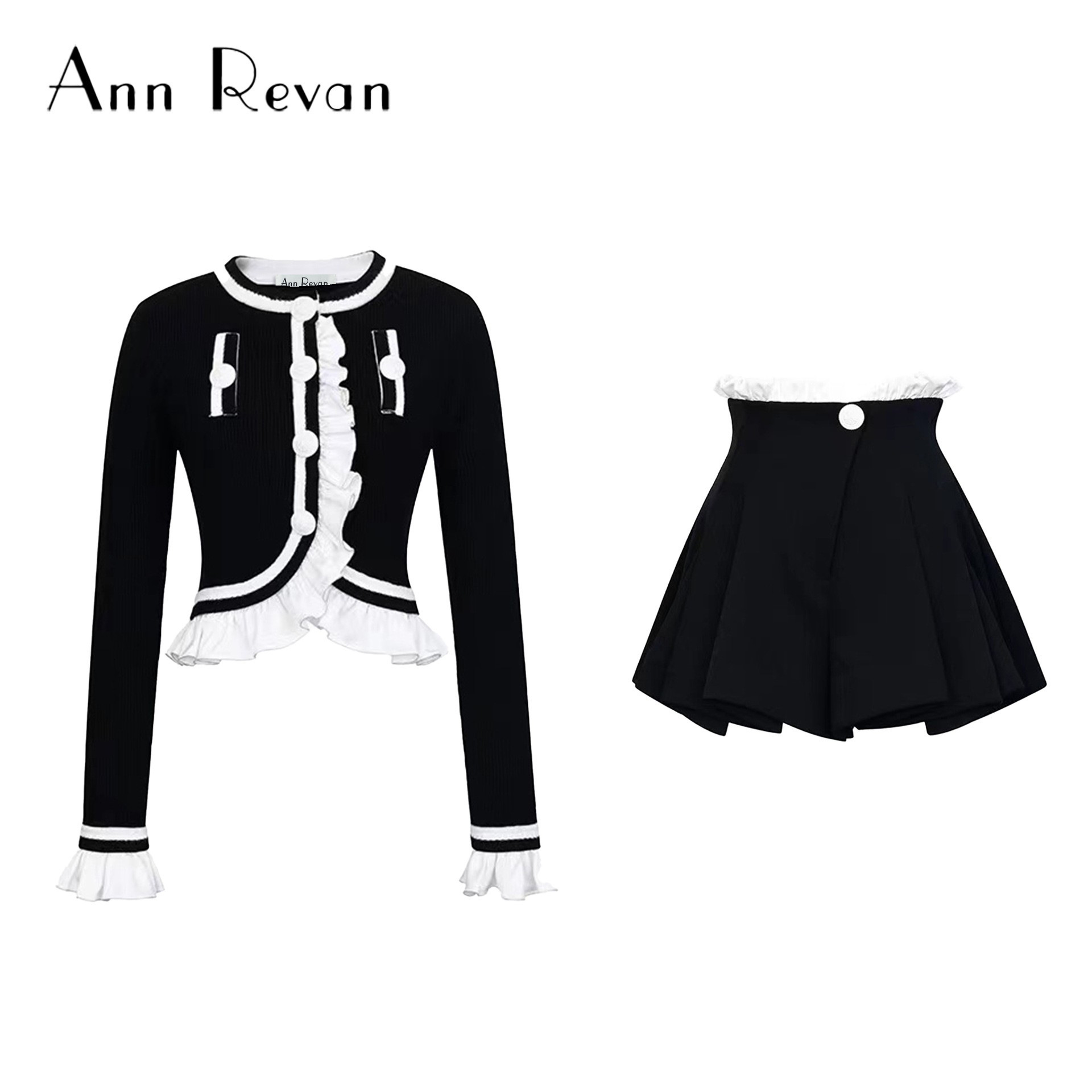 annrevan设计师款拉菲姆缎面荷叶边撞色小香针织开衫俏皮百褶半裙