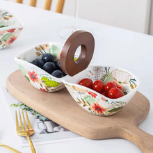 七彩云花系列水果碗沙拉碗创意手提木柄干果盘陶瓷零食碗点心盘凉