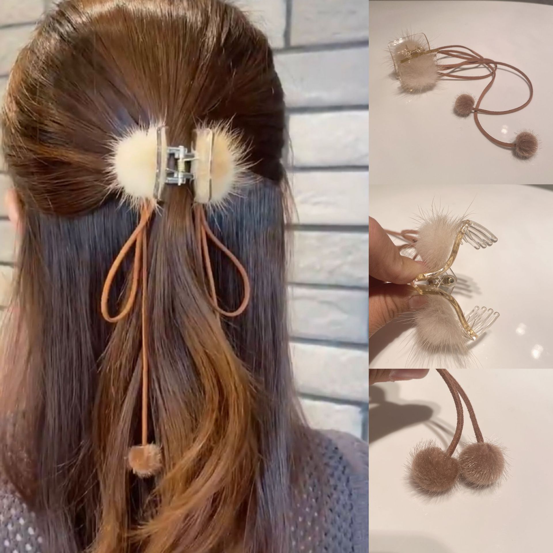 网红同款冬季流苏飘带毛球抓夹韩版可爱毛绒后脑勺半扎少女发夹