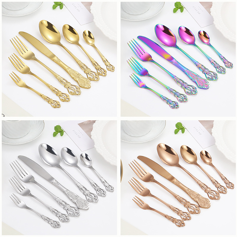 Royal Court 430 Stainless Steel Knife, Fork and Spoon Seven-Piece Cross-Border Relief Retro Western Tableware Set European Steak Knife and Fork