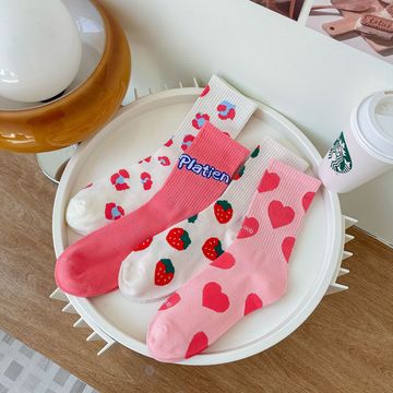 粉色少女袜子女中筒袜ins潮甜美可爱日系春秋棉袜长袜